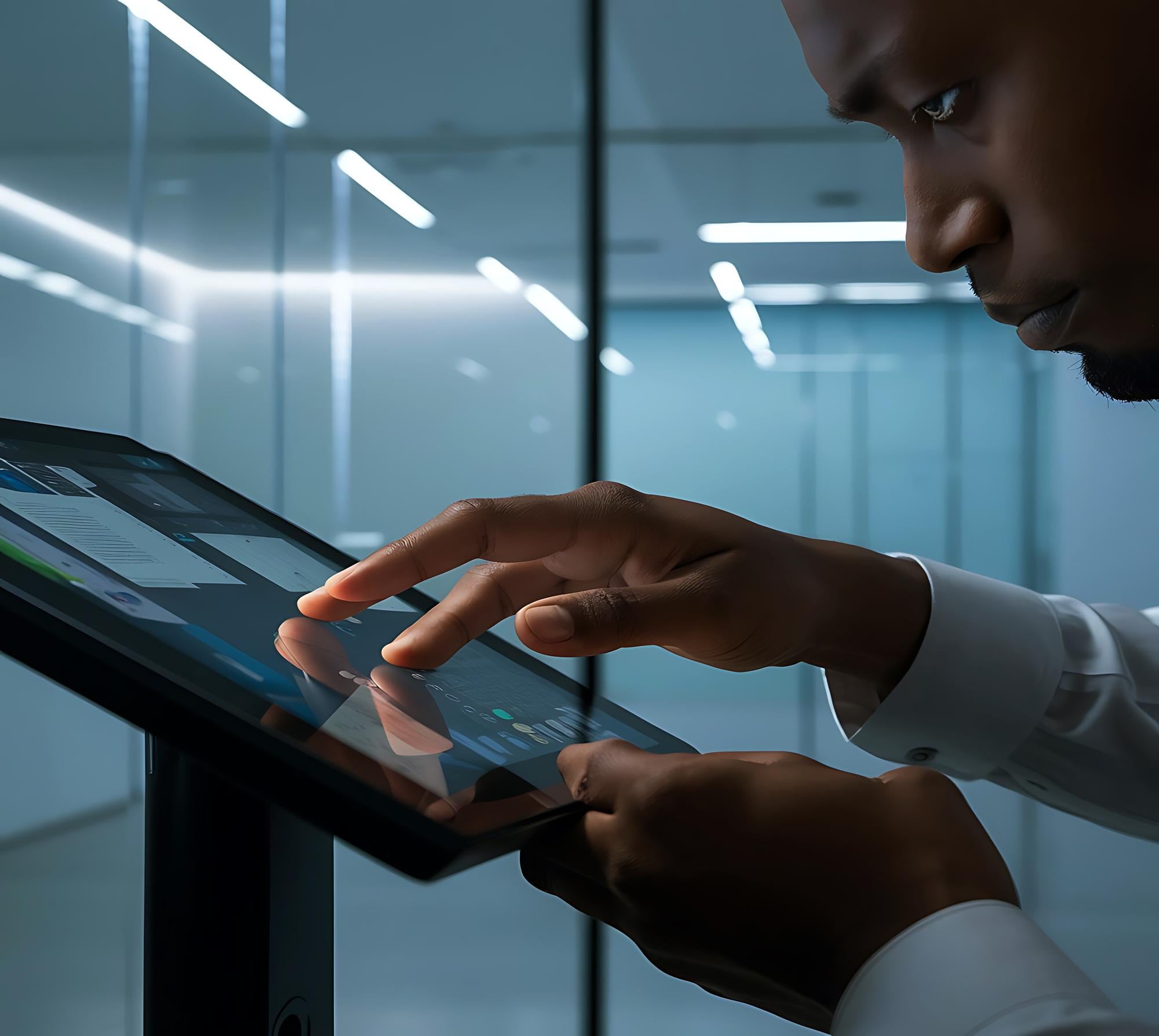 A man using a touch-screen kiosk on a stand in a glass-walled office lobby